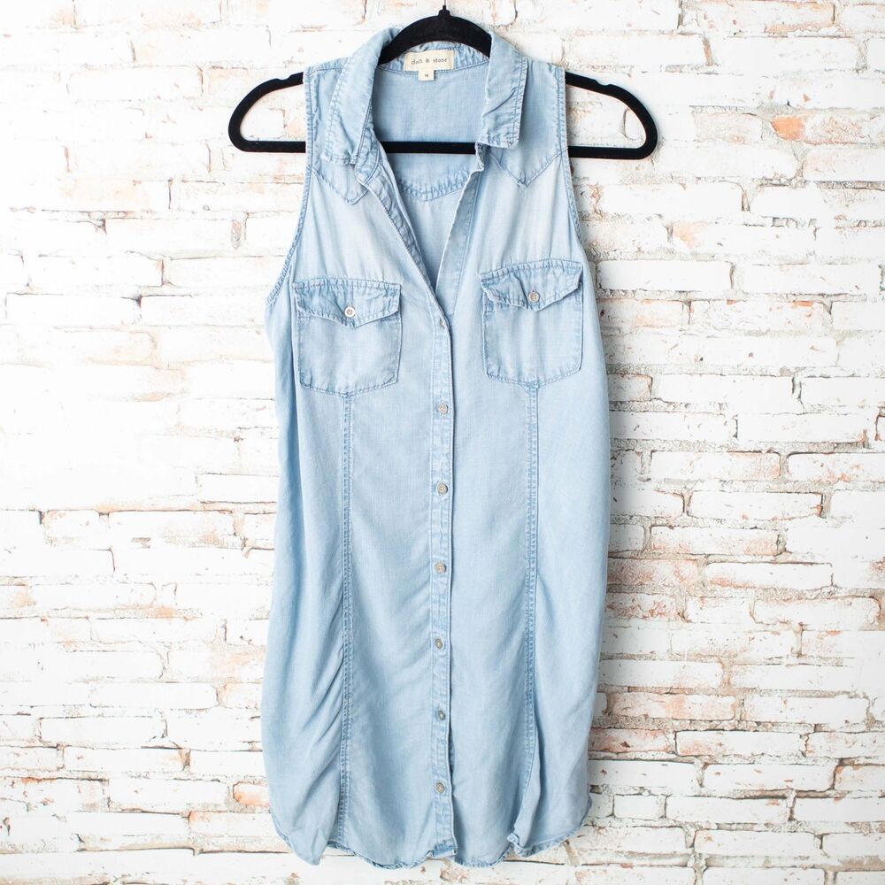 Cloth & Stone Anthropologie Chambray Shirt Dress M Blue Tencel Sleeveless Midi